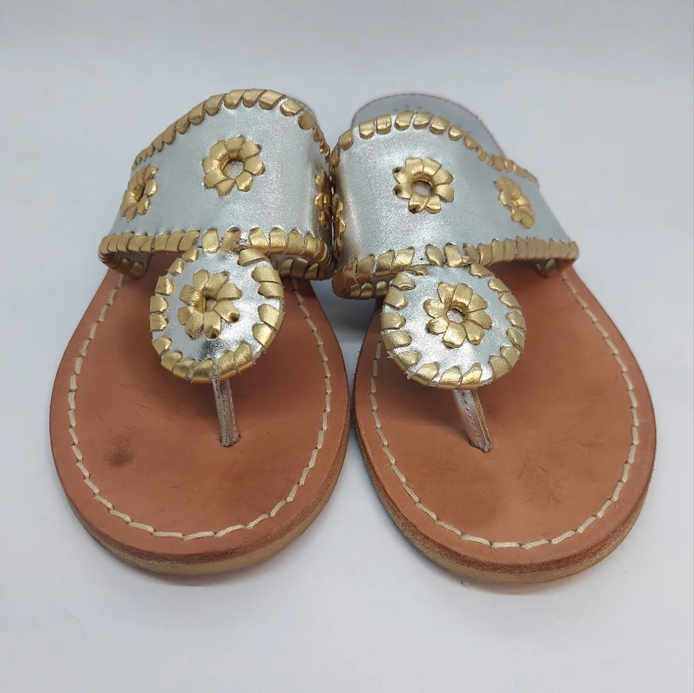 Jack Rogers Women's Sandals Silver Gold Leather Flat Thong Shoes Size 6 Boho